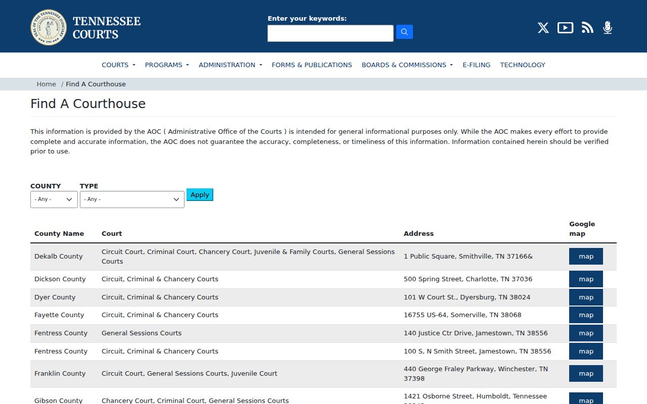 Tennessee AOC courthouse directory for Hamblen County courts