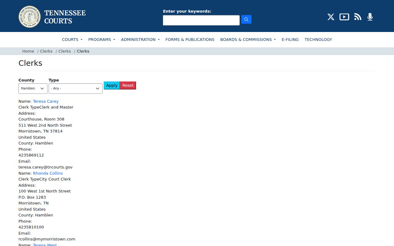 Tennessee AOC clerk directory filtered for Hamblen County