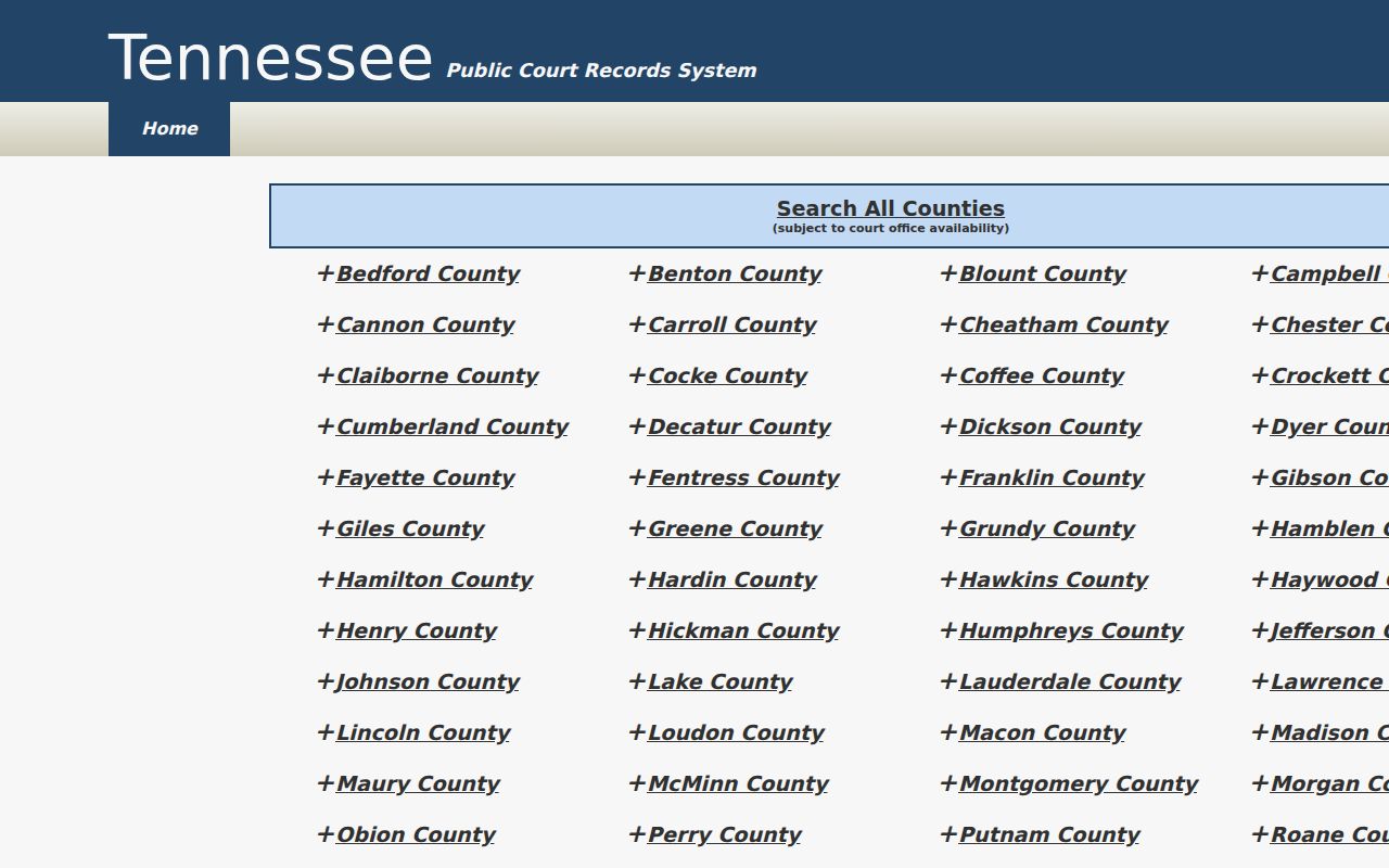 Tennessee Public Court Records System county search hub