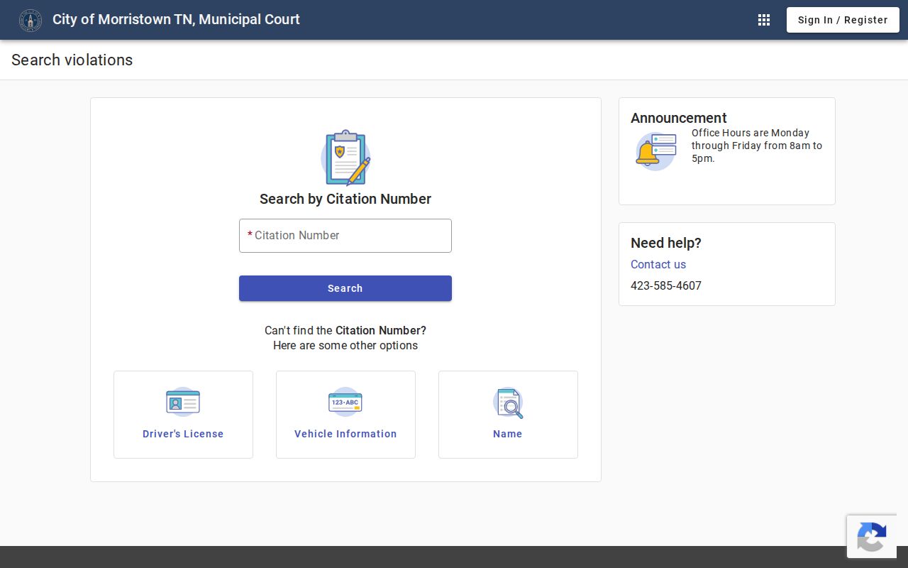 Morristown Municipal Court citation search modes and fields